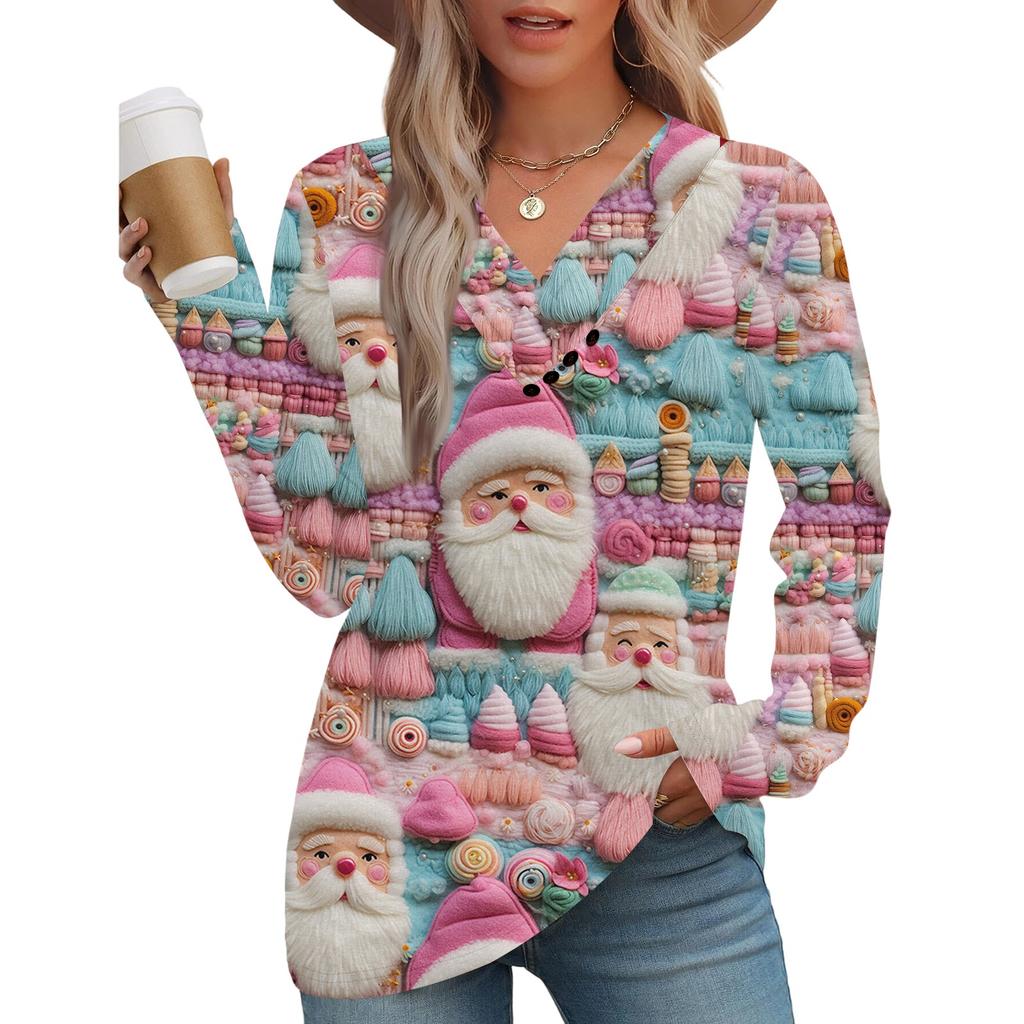 Women's Fashion Casual V-neck Pleated Christmas Long Sleeve Top