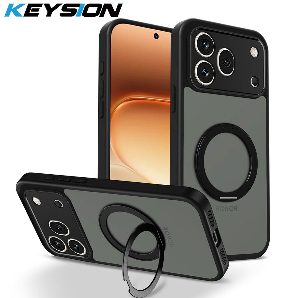 KEYSION 360° Rotating Ring Stand Magnetic Phone Case for HONOR 600 Pro 5G Matte Translucent Shockproof Back Cover for Honor 600 5G