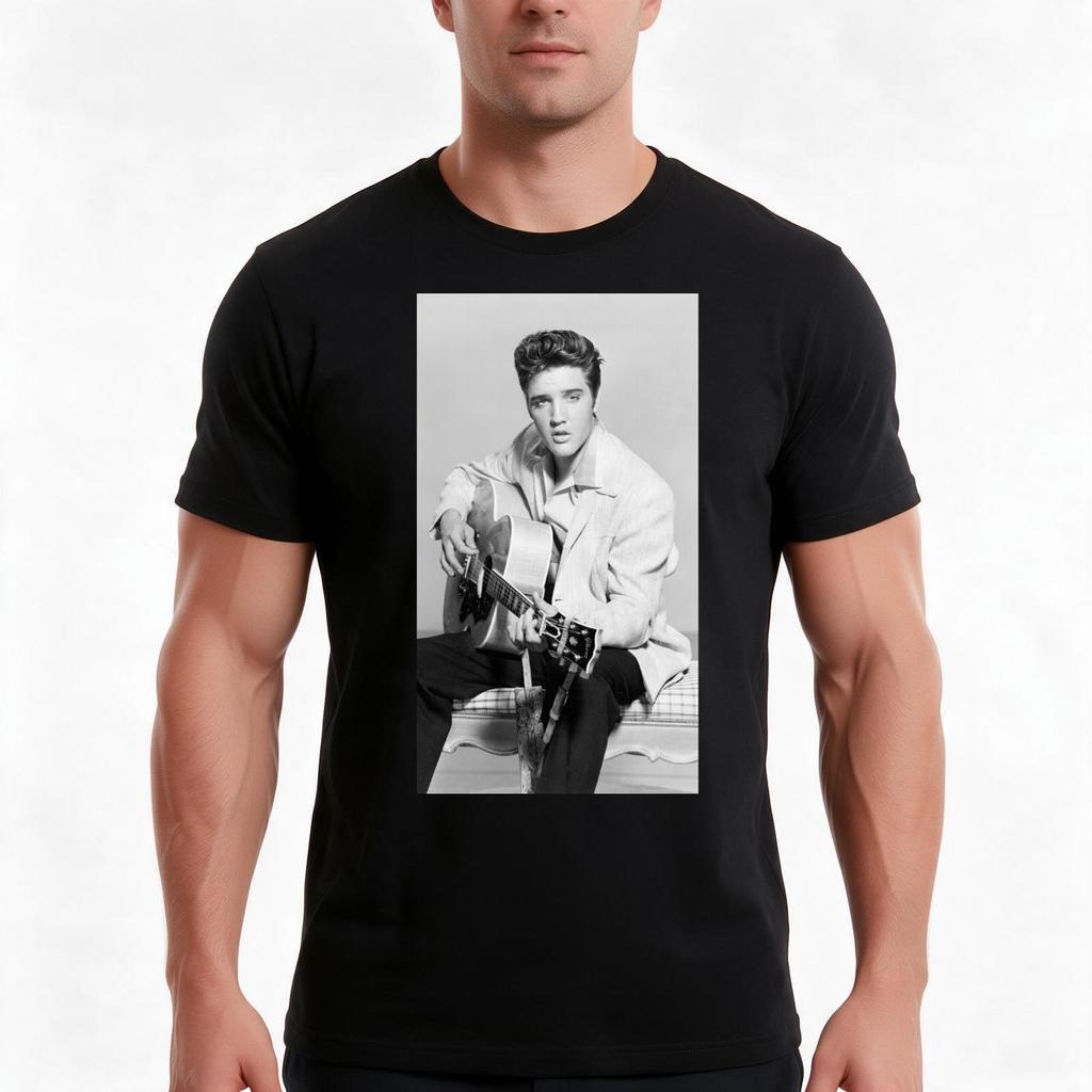 06 Playing Guitar Black And White Style Tshirt Summer Casual Cotton Tee Oversized Streetwear Tops Vintage Graphic Print