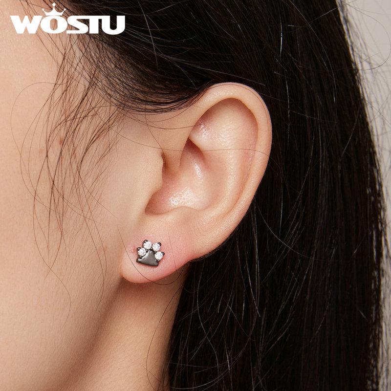 WOSTU 925 Sterling Silver Pink Zircon Pet Dog Paw Stud Earrings For Women Lovely Heart Zircon Ear Studs Birthday Jewelry Gift