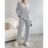 Women's V Neck Ribbed Knit Two Piece Set Long Sleeve Top Elastic Waist Wide Leg Pants
