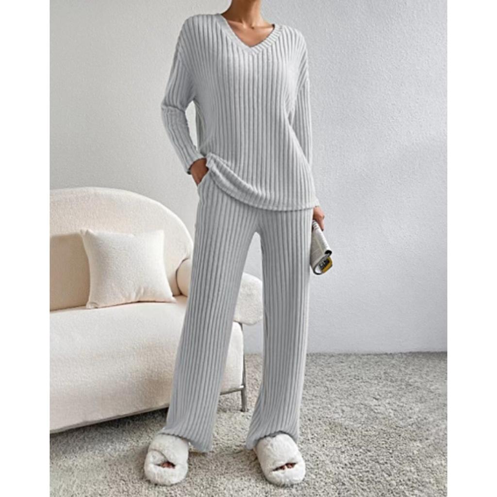 Women's V Neck Ribbed Knit Two Piece Set Long Sleeve Top Elastic Waist Wide Leg Pants