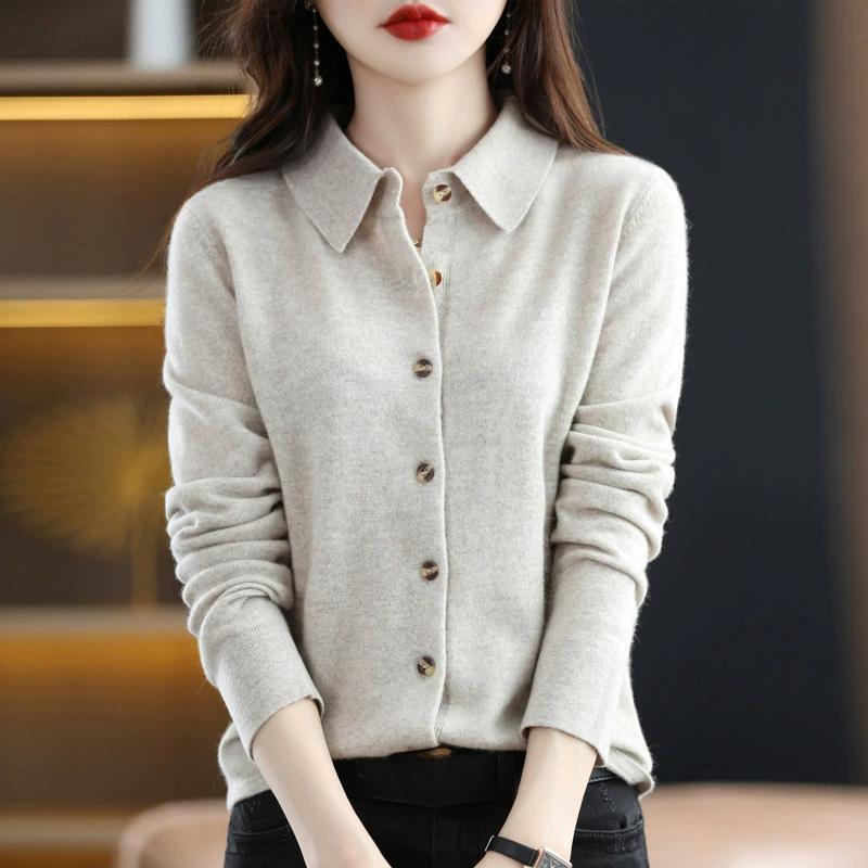 Spring and Autumn Polo Collar Knitted Shirt Paired with Loose Long Sleeved Sweater, Non Cashmere Cardigan, and Stylish Turtleneck Jacket