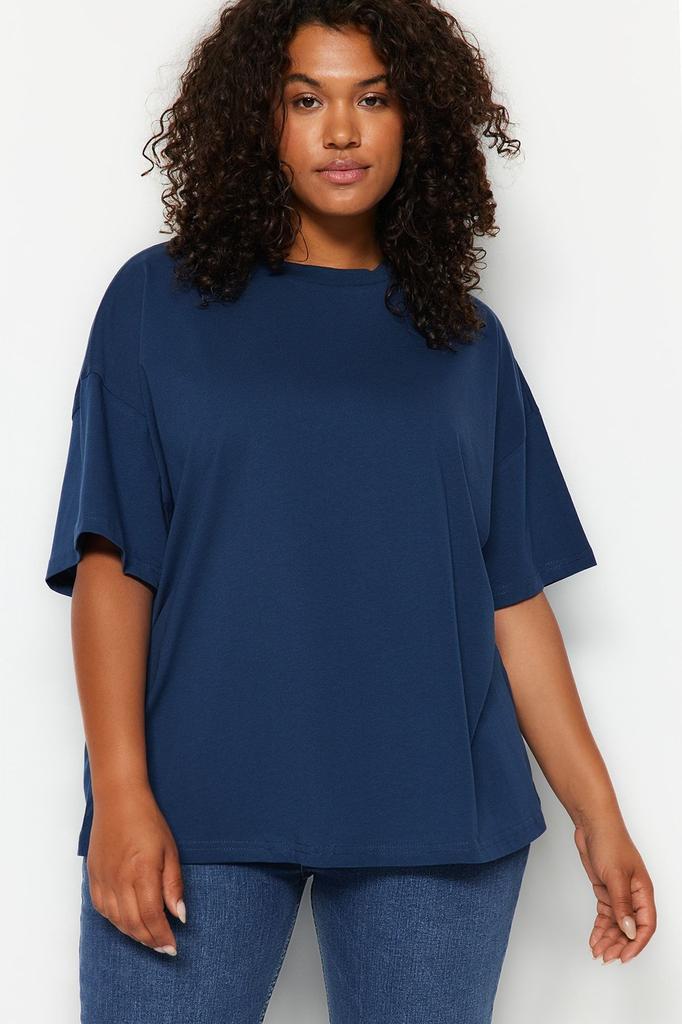 Tricou de bază tricotat de bază cu guler cu guler, stil de damă, albastru marin