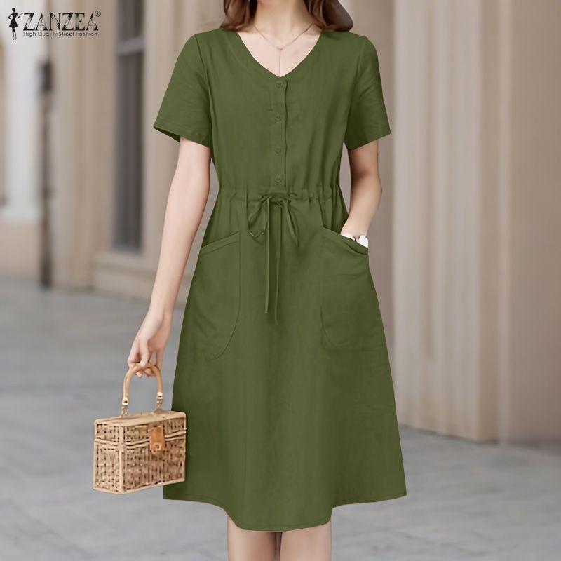 ZANZEA Abito Estivo Casual da Donna con Scollo a V a Maniche Corte Monocolore