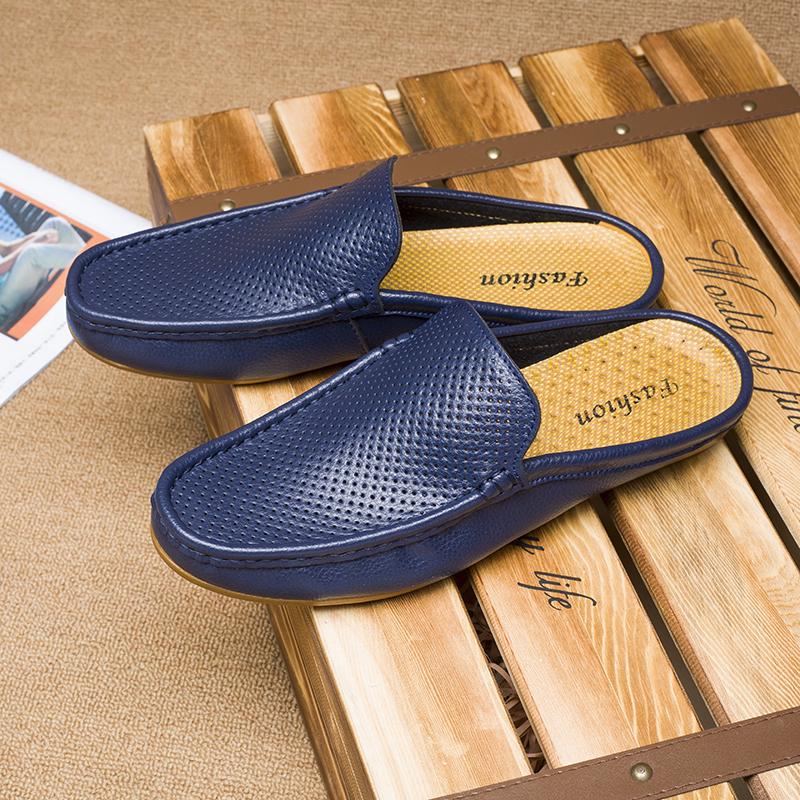 Fashion Brand Summer Half Men's Shoes Genuine Leather Breathable Loafers Slip On Casual Mulles Men Half Slippe Moccasins Plus Size 38-46