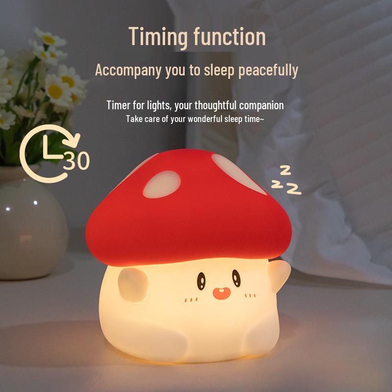 Mushroom Night Light: USB Rechargeable, Dual Brightness Silicone Tap Lamp with Timer - Cute Bedside Sleep Companion LED.