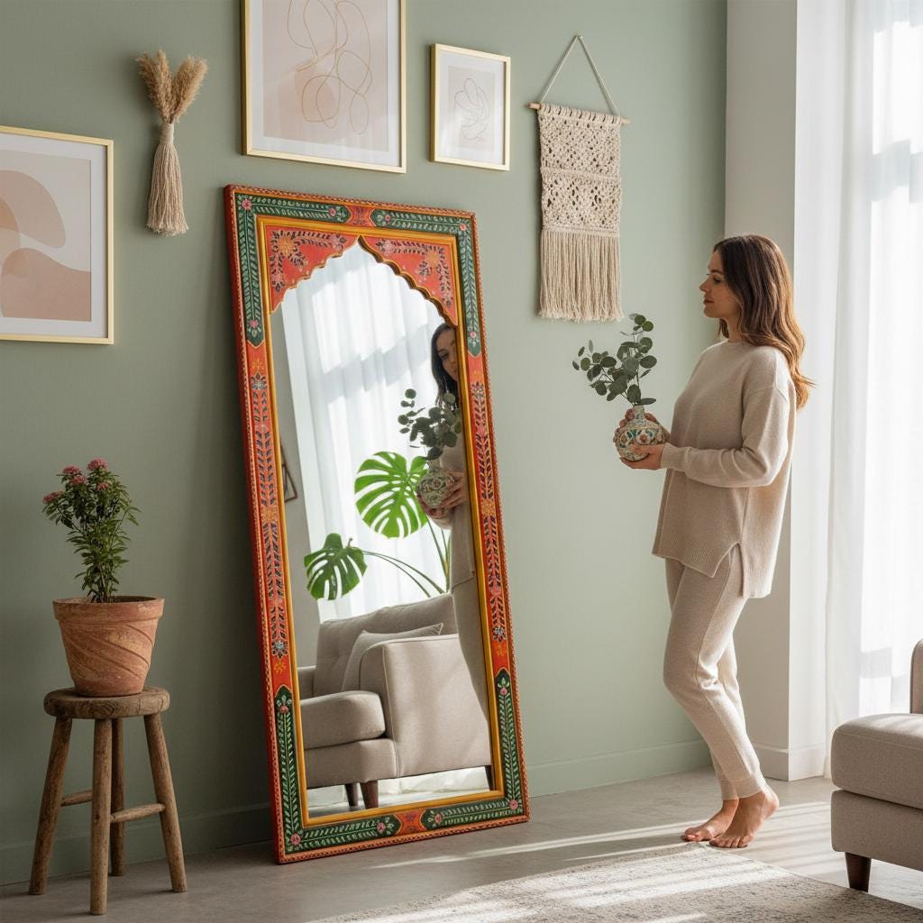 Wooden Painted Wall Decor Fram Mirror-Bedroom Mirror Home Decor Art Furniture | Wall Living Fram Decor Mirror-Indian Painted Beautifull Fram