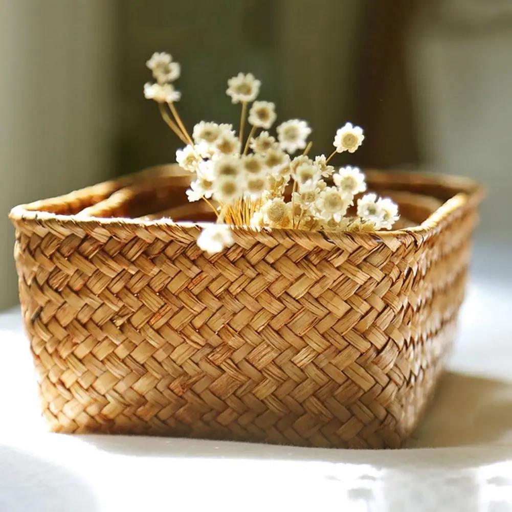 Handgemacht Stroh Trockenblume Frucht Topf Korb Rattan Box Süßigkeiten Kopfhörer Organizer Nützlicher Aufbewahrungskorb Cesto Panier De Rangement