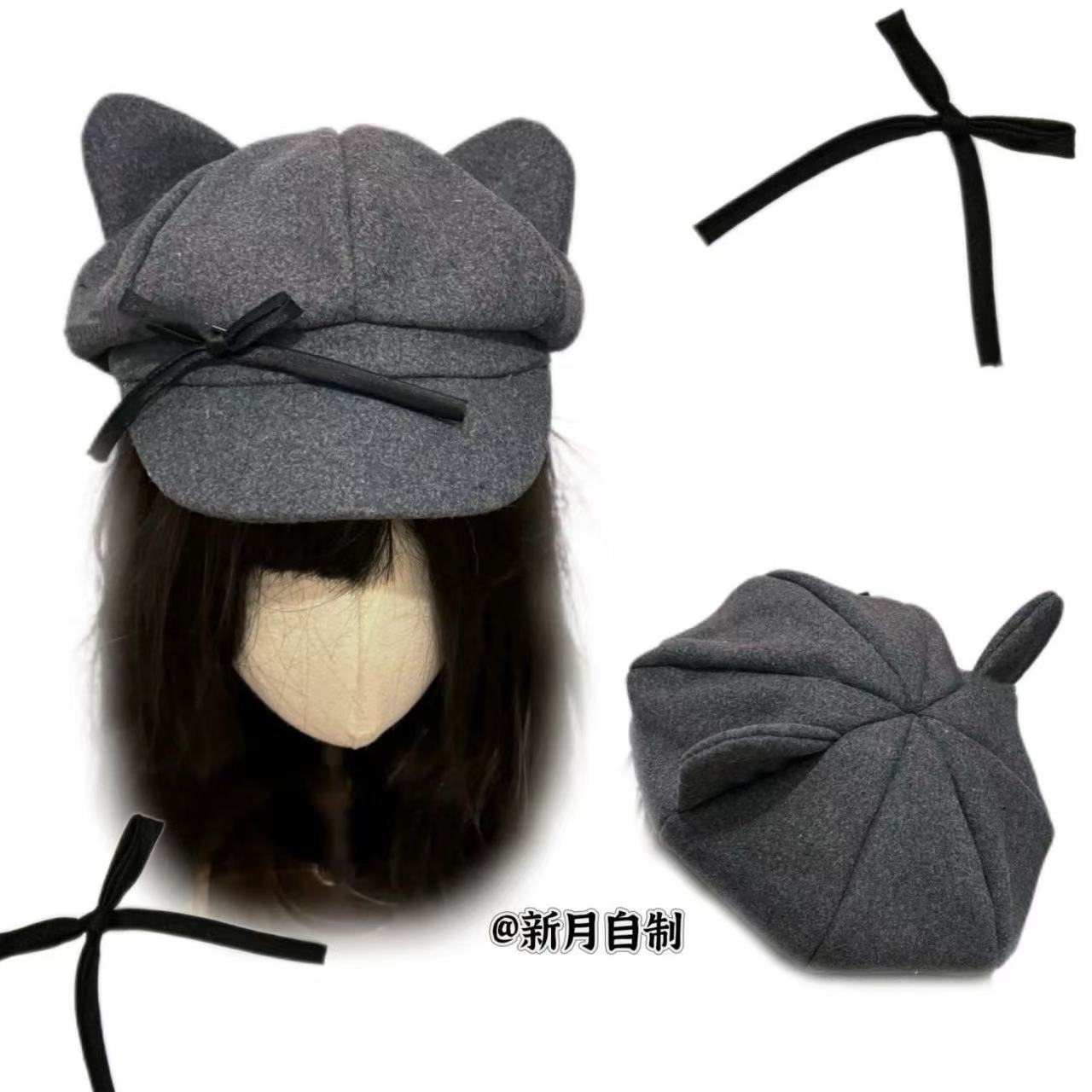 Оригинальная ночная мяукающая японская кошачья ушка Восьмиугольная кепка Художественная беретка Лицо Милая Студенческая кепка-газетчик M（56-58cm）