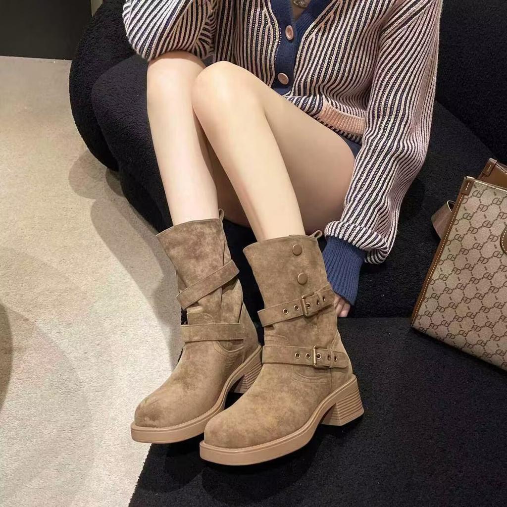 Maillard Retro Thick Heel Martin Boots Women's 2025 Autumn and Winter New High and Thin Belt Buckle Western Cowboy Short Boots