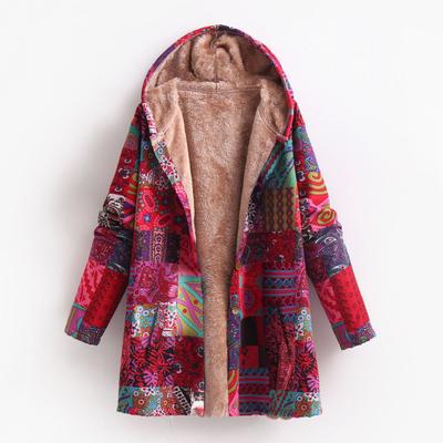 Women Winter Coat Vintage Ethnic Printing Patchwork Plush-lined Hooded with Pockets Mid Length Button-down Outdoor Jacket