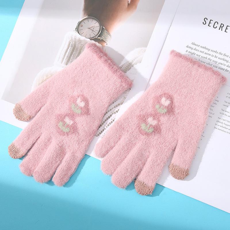 Korean Style Women's Warm Gloves for Autumn and Winter Cold Protection Thickened Knitted Wool Flowers Tulips Cycling Touch Screen Fingers