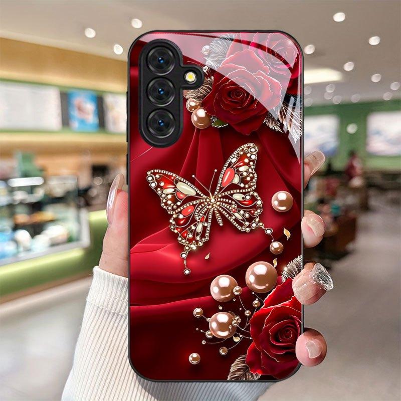 Red Satin Butterfly Rose Glass phone case mobile phones fashion phone cases for Samsung Galaxy S26 S25 S24 S23 S22 FE Ultra Plus