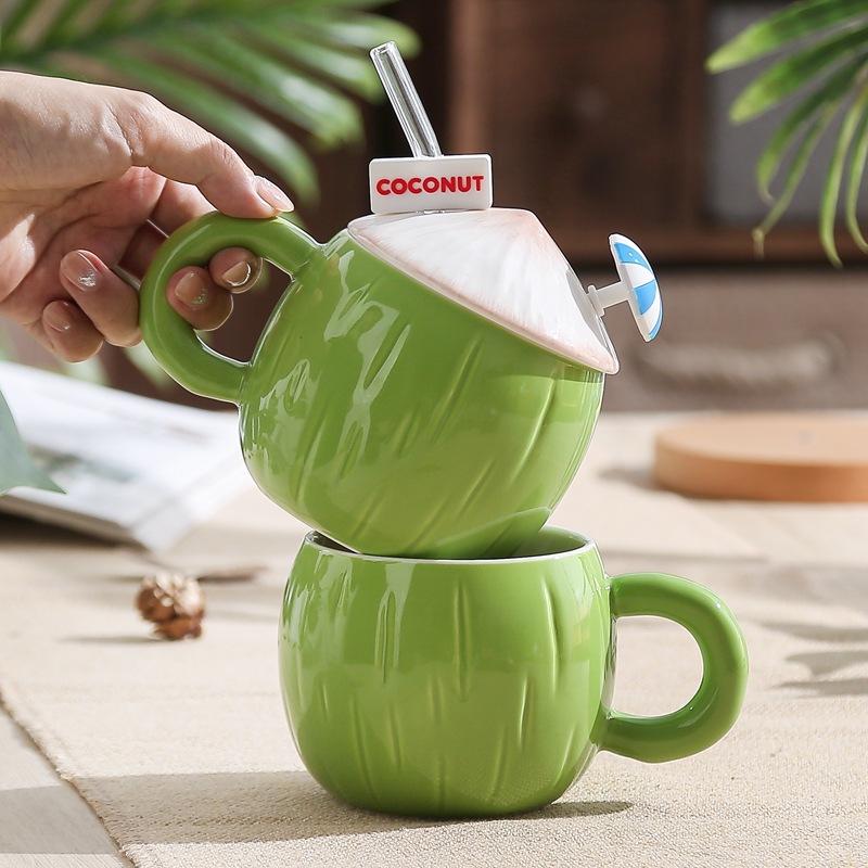 Creative Ins Style Summer Coconut Mug Girls Heart High Precision Cute Ceramic Cup Large Capacity Water Cup with Lid