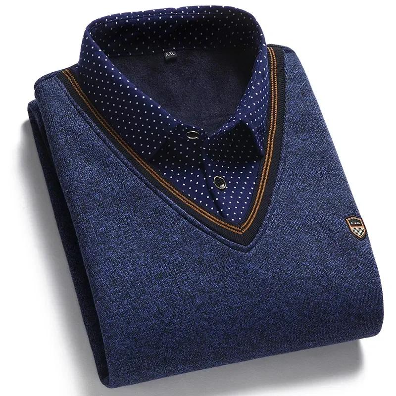 New Autumn Winter Men's Wool Shirt-Neck Sweater Fashionable Plaid Solid Thickened Warm Fleece High Quality Versatile Casual