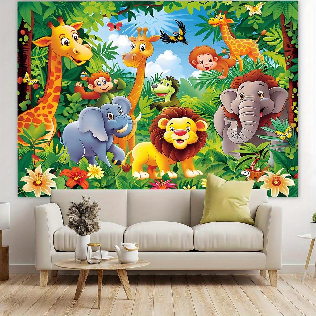A set of cartoon animal jungle collection items, including elephants and giraffes