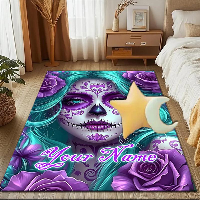 1PC Custom Name Sugar Skull Artwork Theme Floor Mat Ideal for Living Room, Game Rooms, Office, Bedroom, Office Floor Mat , Floor Mats for Home