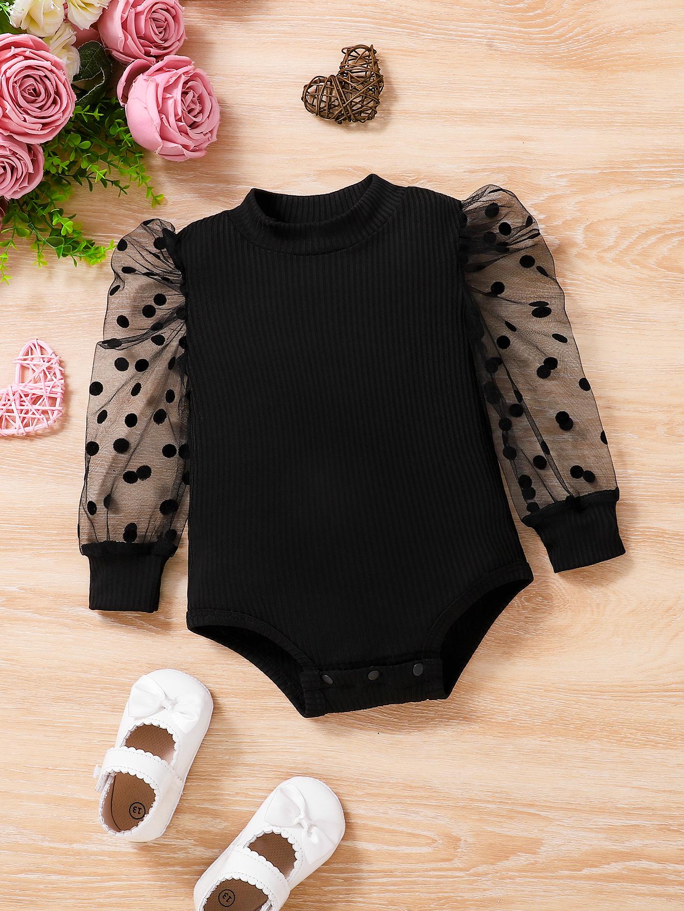 Girls Black Ribbed Bodysuit Polka Dot Sheer Puff Long Sleeve Baby Romper 59 чёрный