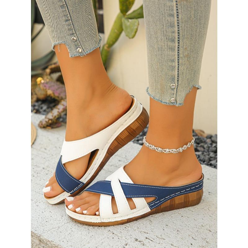 Color-Blocked Wedge Sandals for Women - Plus Size 2025 Summer New Arrival Thick-Soled Cross-Strap Beach Sandals