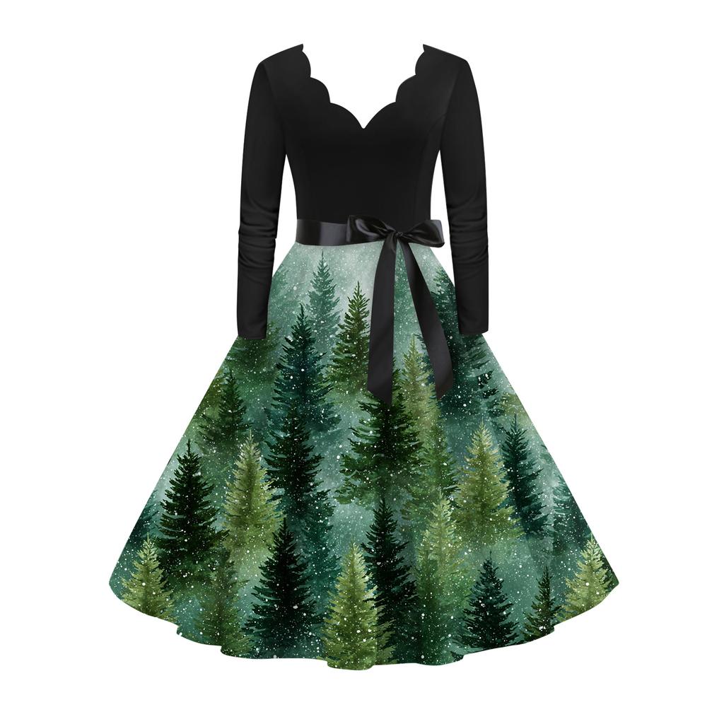 Women's Casual Fashion Long Sleeve Christmas Graphic Printed Vintage Long Dresses