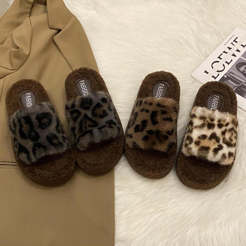 Leopard print thick bottom heightening fluffy slippers women's wear 2025 new autumn and winter fashion home fluffy cotton slippers