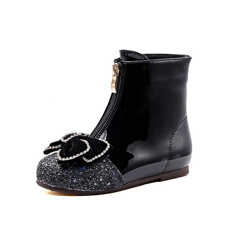 Girls Boots Children's Spring and Autumn Single Boots Baby Boots Winter Plus Velvet Leather Boots Princess Crystal Short Boots