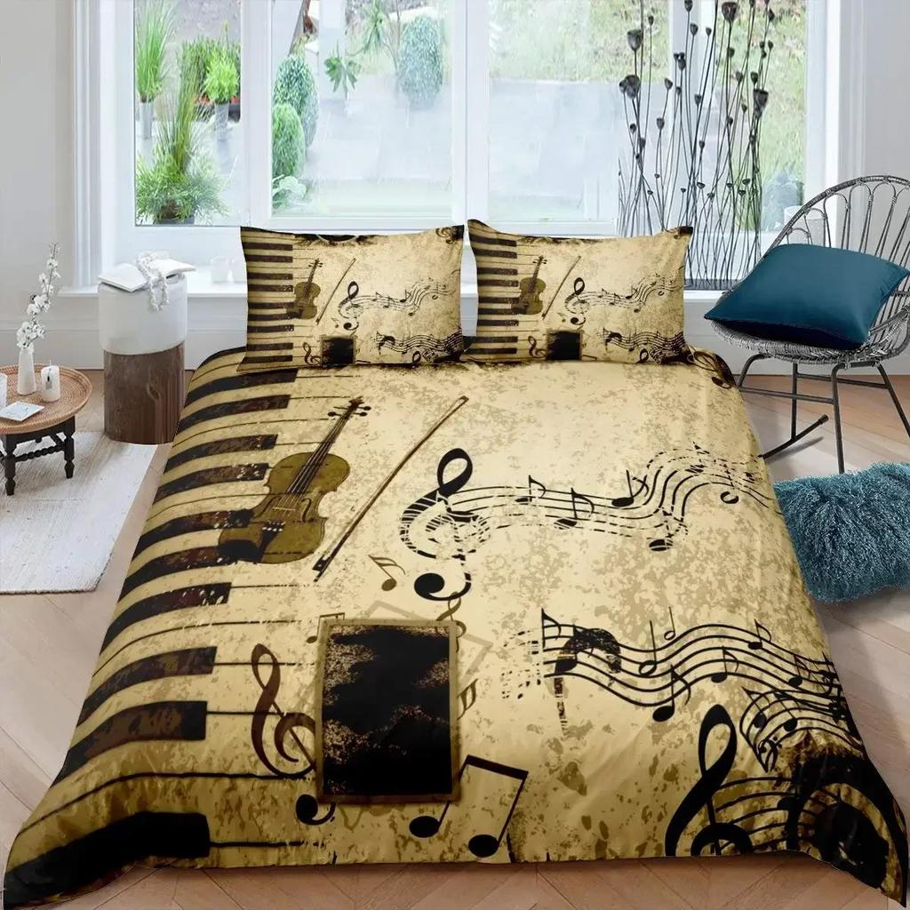 3Pcs Music Bedding Set Piano Keyboard Music Note Duvet Cover Queen Size Bed Linen Guitar Polyester Bedding Sets