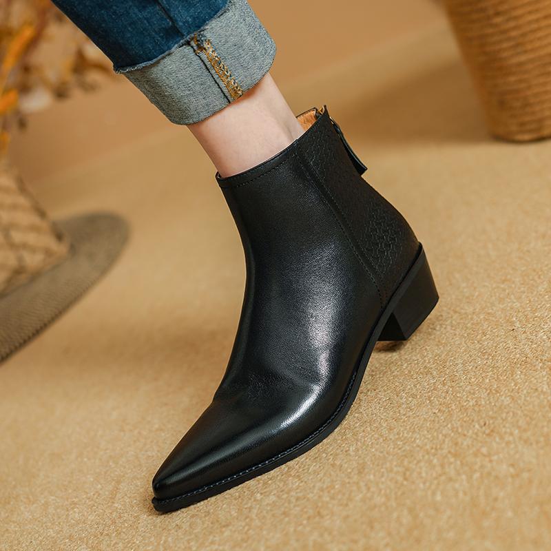 Fashion 2025 New Autumn Women Boots Pointed Toe Chunky Heel Shoes Genuine Leather Women Shoes Concise Zipper Ankle Boots Western Boots