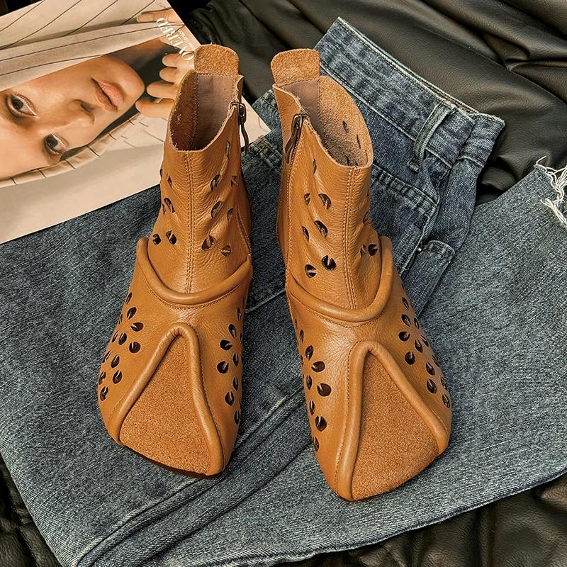 Retro Hollow Out Flat Heel Ankle Boots Women Leather Hollow Ankle Boots Side Zip High Top Shoes Luxury Casual Flat Short Boots
