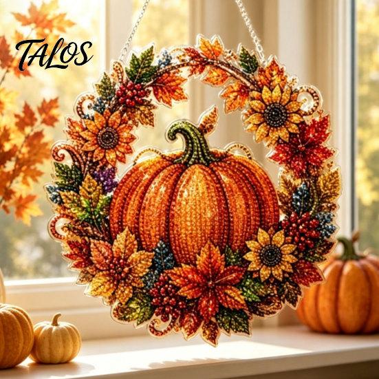 Elegant Holiday Ornament Fall Pumpkin Sunflower Wreath Hanging Decor, Acrylic Hand Painted Festive Party Decoration Window Ornament, Thanksgiving