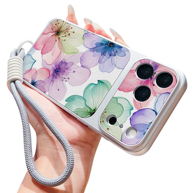 Watercolor Flowers Print Leather Lanyard Case For iPhone 18 Pro Max Hybrid TPU+PU Anti-skid Soft Cover For iPhone 17 16 15 14 13 Pro Max