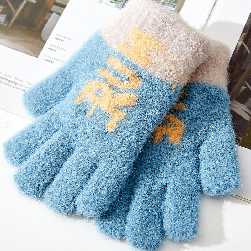 Children's Winter Warm Gloves New Full Finger Alphabet Jacquard Boy's Five Finger Cute Student Knitted Split Finger