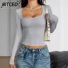Women's Fashion Casual Solid Color Print Long Sleeve U-Neck Blouses & Shirts International Design