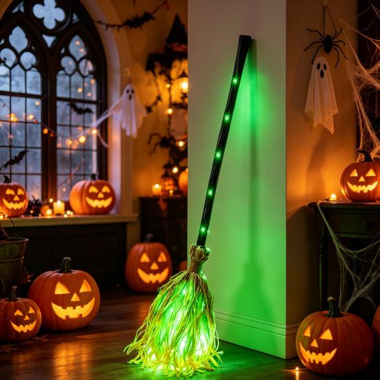 Accesorio de Disfraz de Halloween Escoba de Bruja con Luz LED Verde, Escobilla de Mago Brillante para Cosplay, Atrezo para Fiestas Temáticas, Decoraciones para Interiores y Exteriores