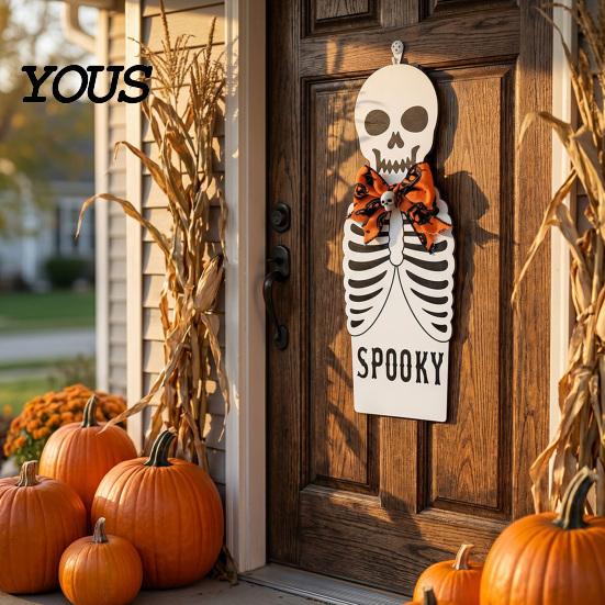 Halloween House Decor Door Sign for Front Door, Wooden Ghost Pumpkin Black Cat Party Supplies Hanger Wreath, Rustic Farmhouse Welcome Porch