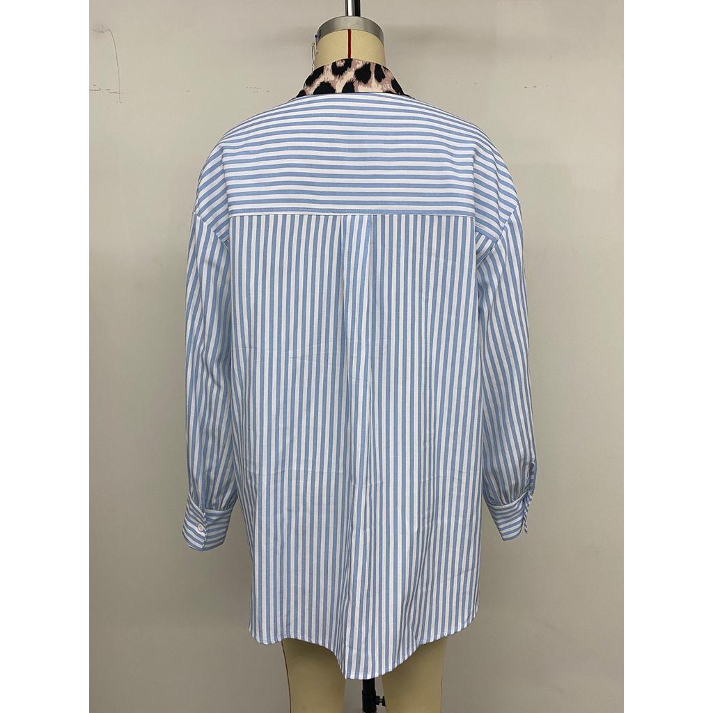 New Fall Women's Striped Patchwork Printed Shirt Casual Vacation Fashion Top