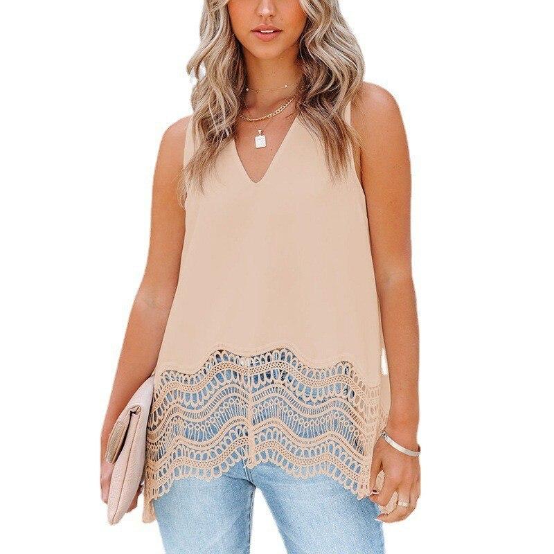 2023 Sommer V-Ausschnitt Chiffon Mode für Frauen Spitze Ärmelloses Shirt Einfarbig Locker Lässig Elegant und Jugendlich Top Blusen 25466