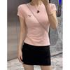 Summer Macaron Color Cotton Contrasting Niche Bow Embroidered T-shirt for Women's Age-reducing Slim Shoulder Short Sleeves