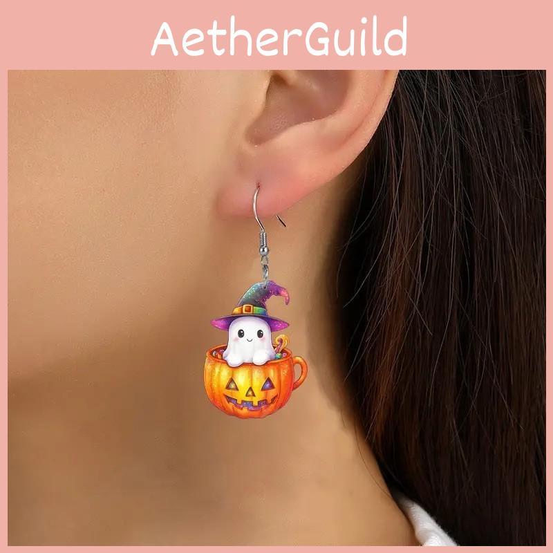 Halloween Themed Ghost Pumpkin Pot Pattern Women Acrylic Earrings For Festival
