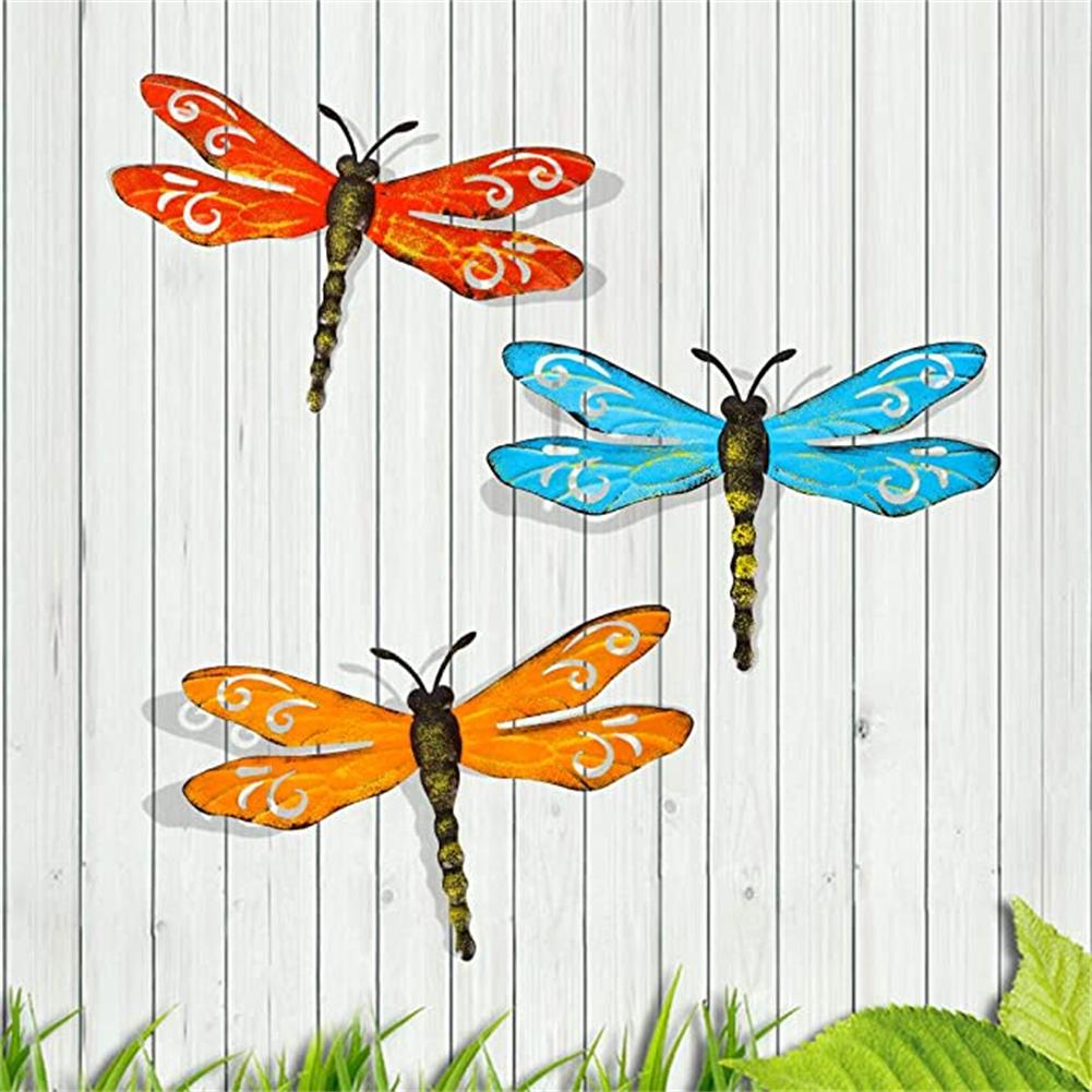 3pcs Metal Dragonfly Hanging Ornament Outdoor Garden Fence Art For Living Room Bedroom Wall Decor