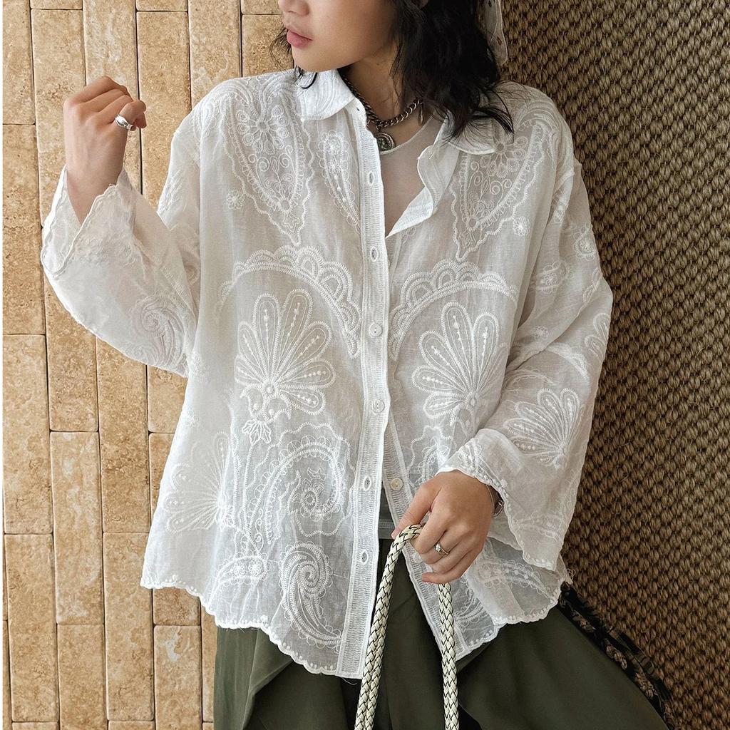 Spring And Summer French Retro Temperament Embroidered Cashew Pattern Shirt, Lightweight See Through Top For Women