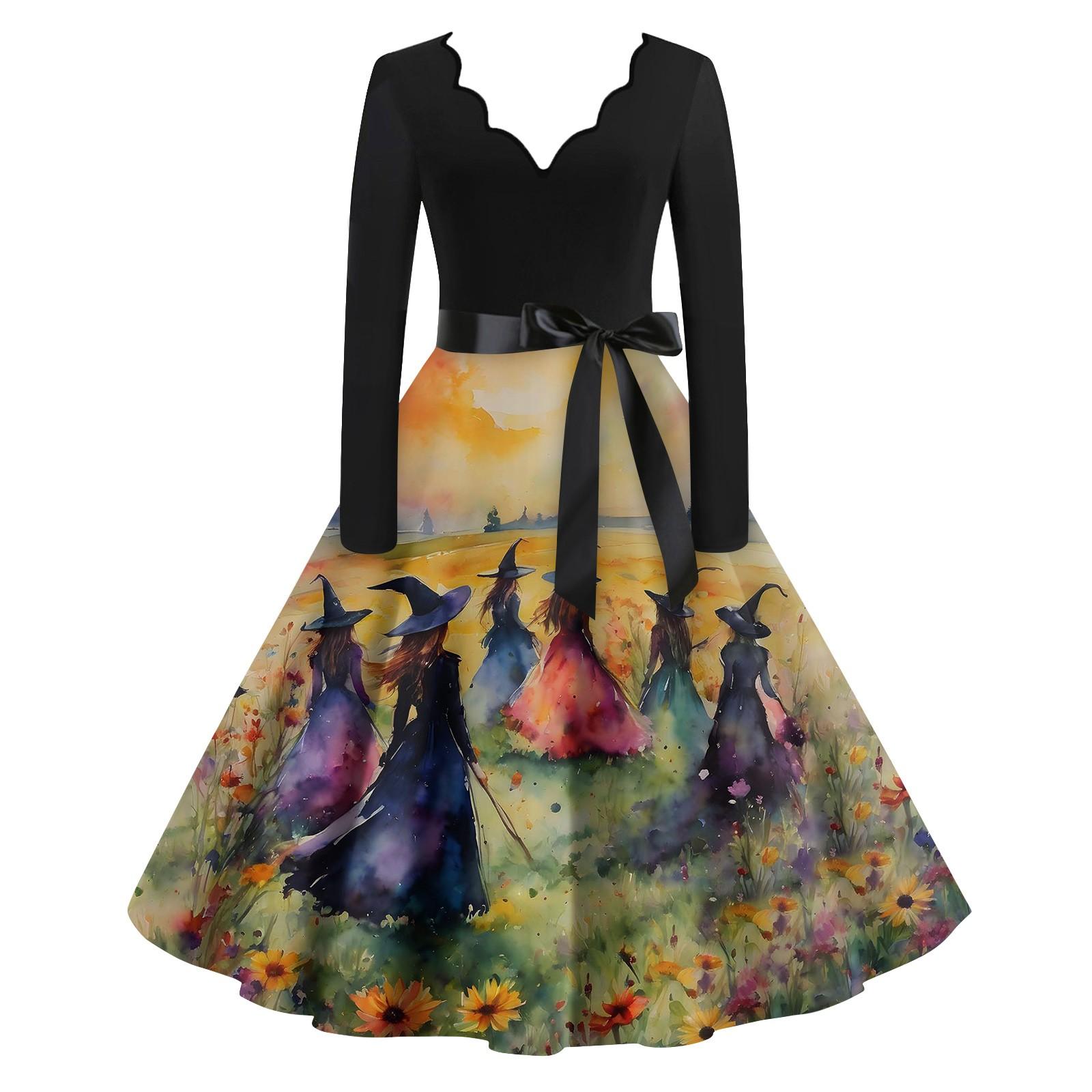 

Женские повседневные модные винтажные длинные платья с длинным рукавом на Хэллоуин и графическим принтом XL жёлтый