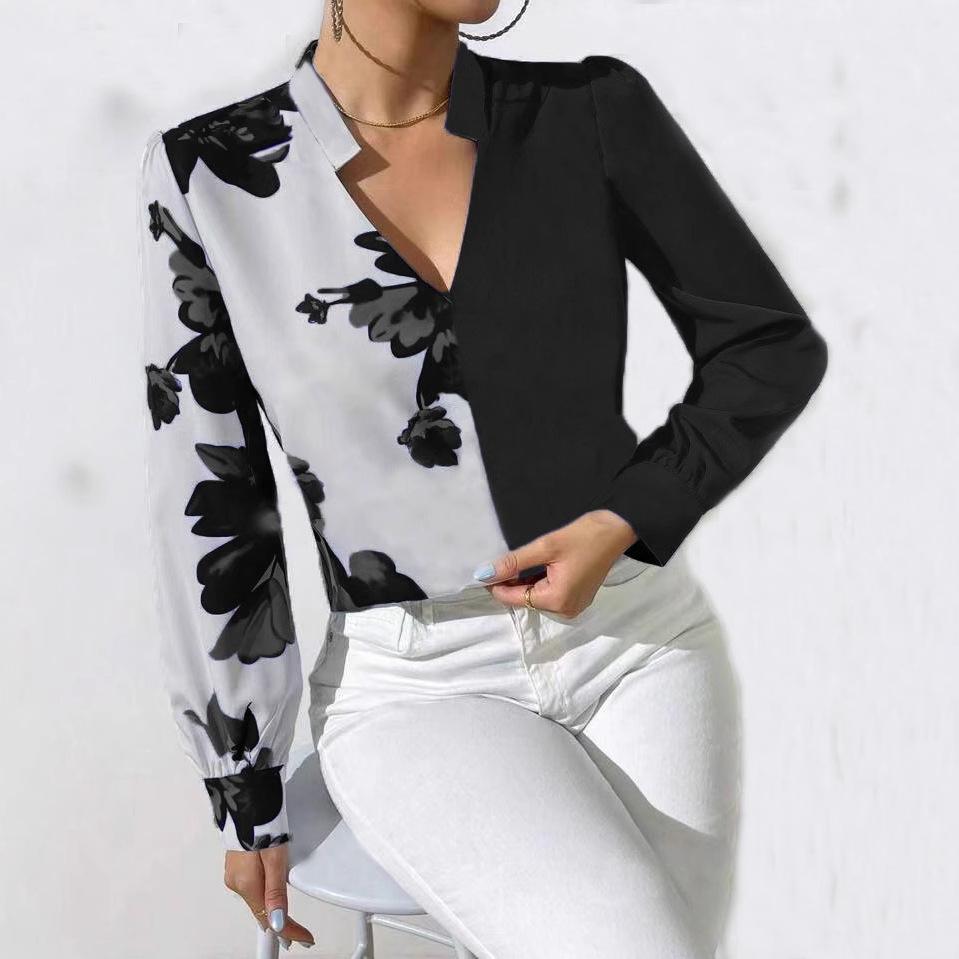 Women's Long Sleeve V-neck Printed Slim Shirt