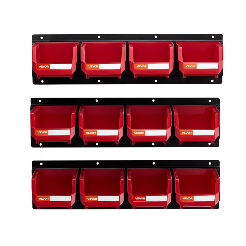 Wall Mounted Storage Bins, 12 Plastic Bins & 3 Metal Rails, Plastic Hanging Stackable Storage Bin for Screws, Nuts, Bolts, Nails, Hardware Tool