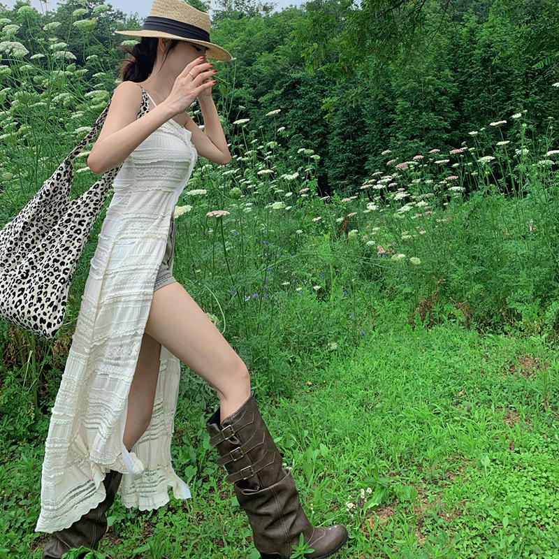 Spice Girl Pants Boots Colored Retro Pile Boots Rivet Pointed Tall Locomotive Boots Medium Heel Boots