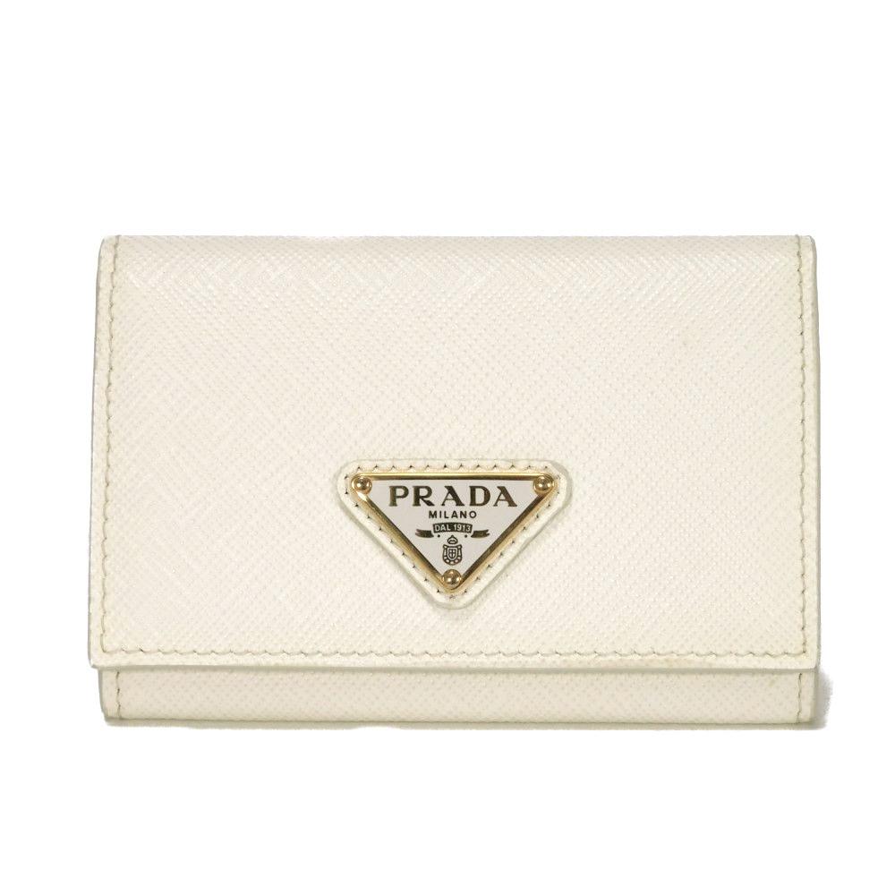 Used 11569 Saffiano Triangle Card Holder 1MC110 QHH F0009 7946 Current Calfskin White Bifold RFID Logo Bianco Unisex