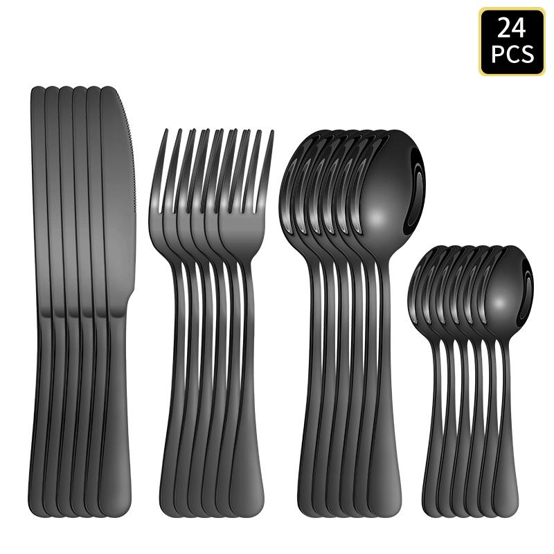 

4/6/16/24pcs Black stainless steel cutlery 1010 round handle knife, fork and spoon cutlery set suitable for home and hotel