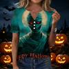 Women's Casual V Neck Short Sleeve Button Front T Shirt Halloween Themed Graphic Print Top Lightweight Comfortable Fit