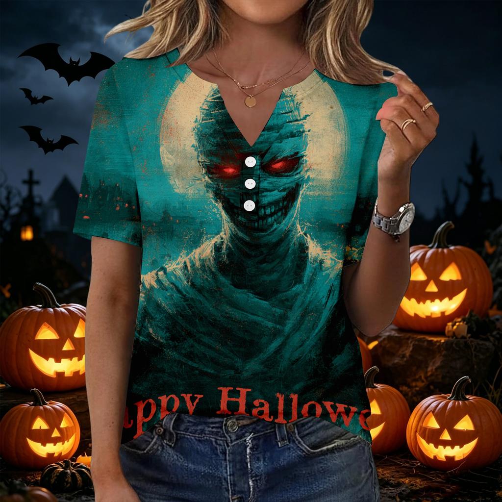Women's Casual V Neck Short Sleeve Button Front T Shirt Halloween Themed Graphic Print Top Lightweight Comfortable Fit